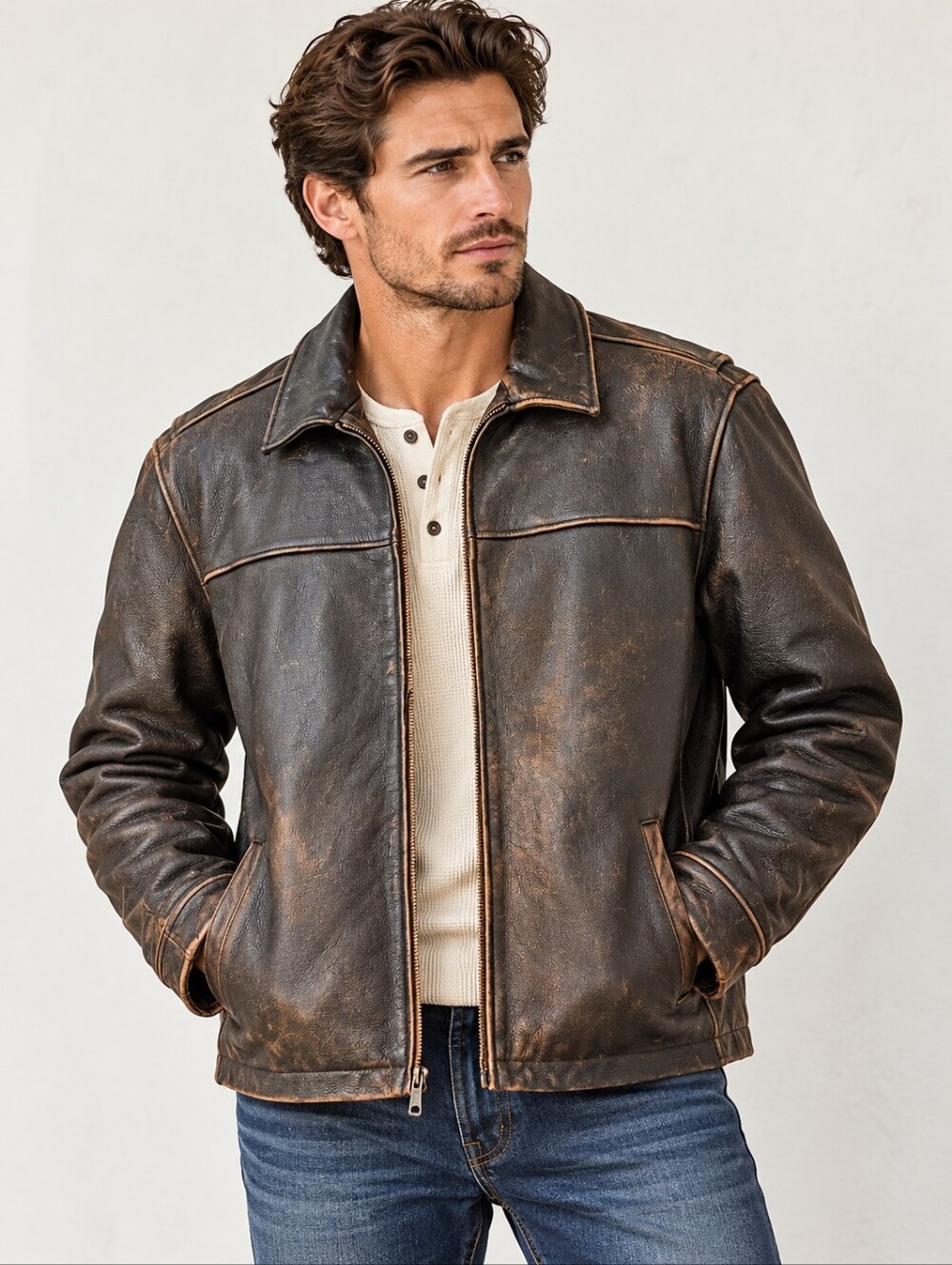 Vintage Y2K Eddie Bauer Large Tall Distressed Leather Jacket —Men's Large Tall